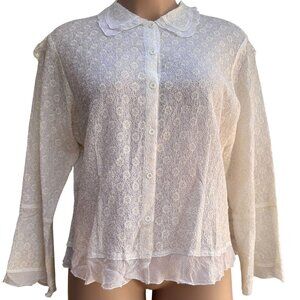 J.Jill Textured Lace Button-Up Blouse Size‎ 2X White Ivory Sheer Ruffled Hem NEW